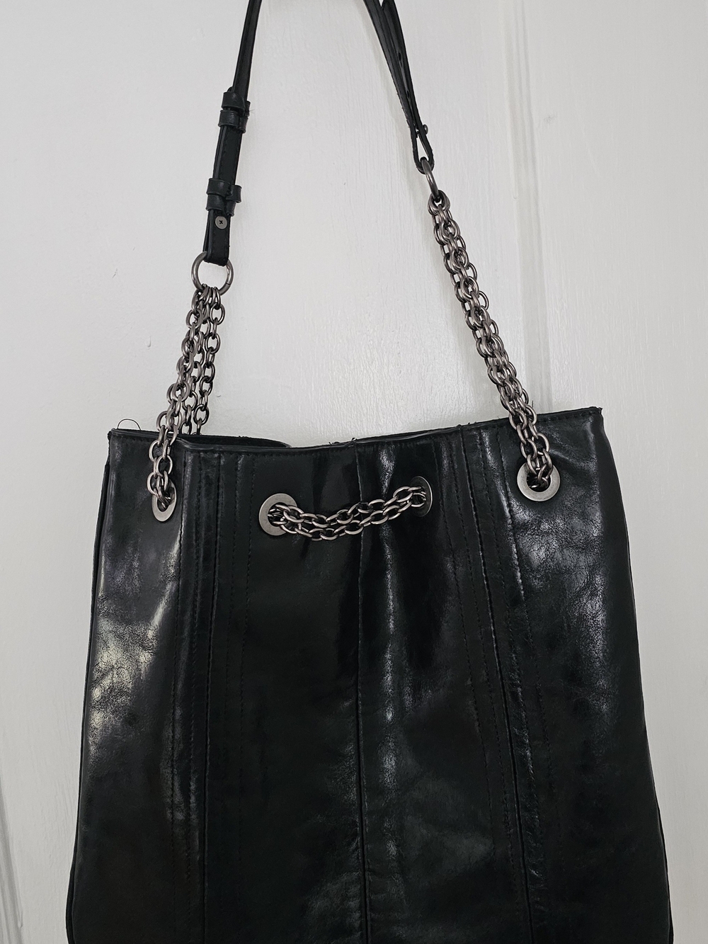 Black Leather Chain-Handle Tote Bag